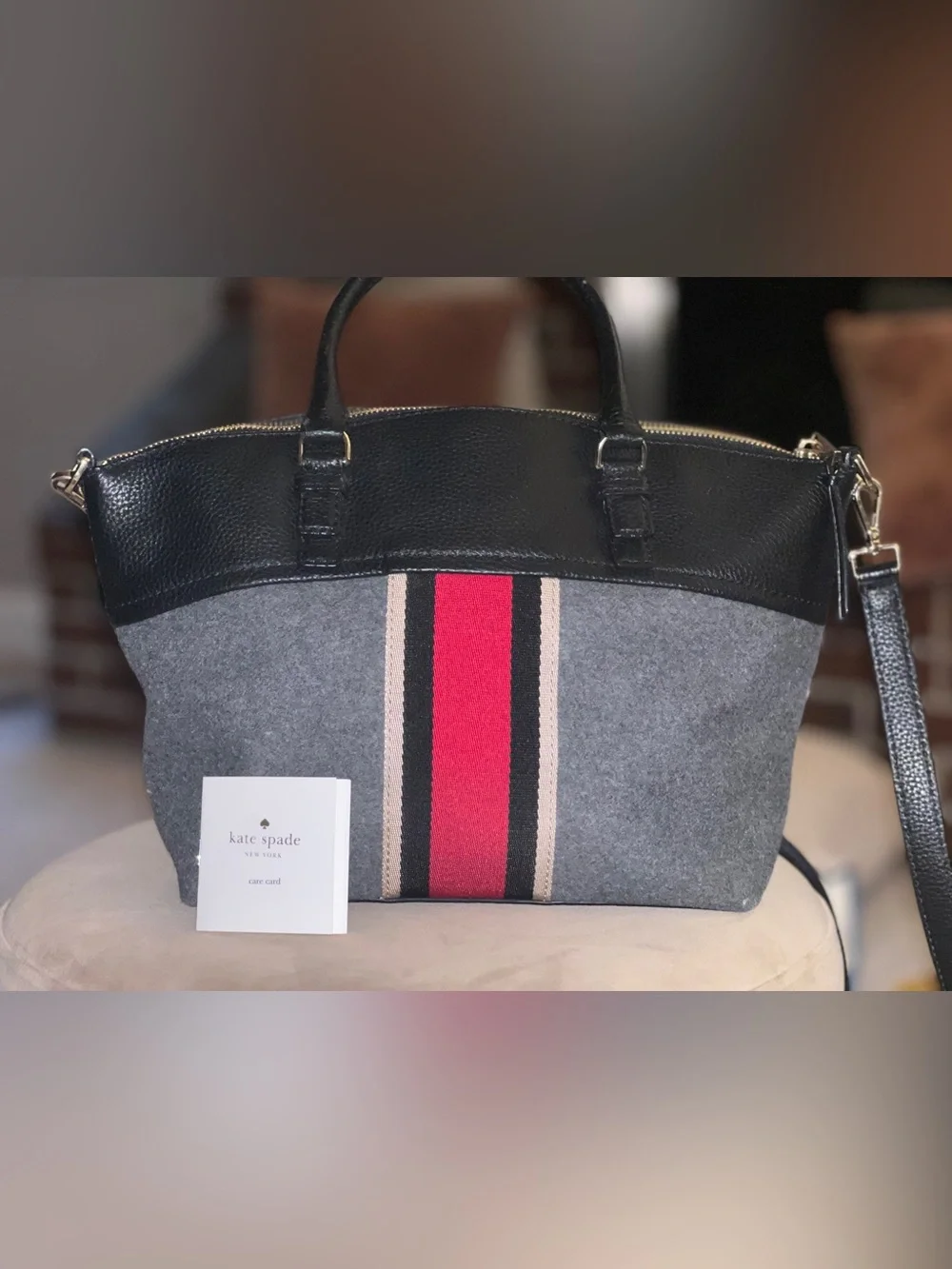 Late Spade NewYork Grey Wool Red Stripe Tote Bag